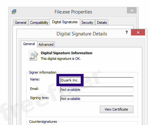 Screenshot of the Quark Inc. certificate
